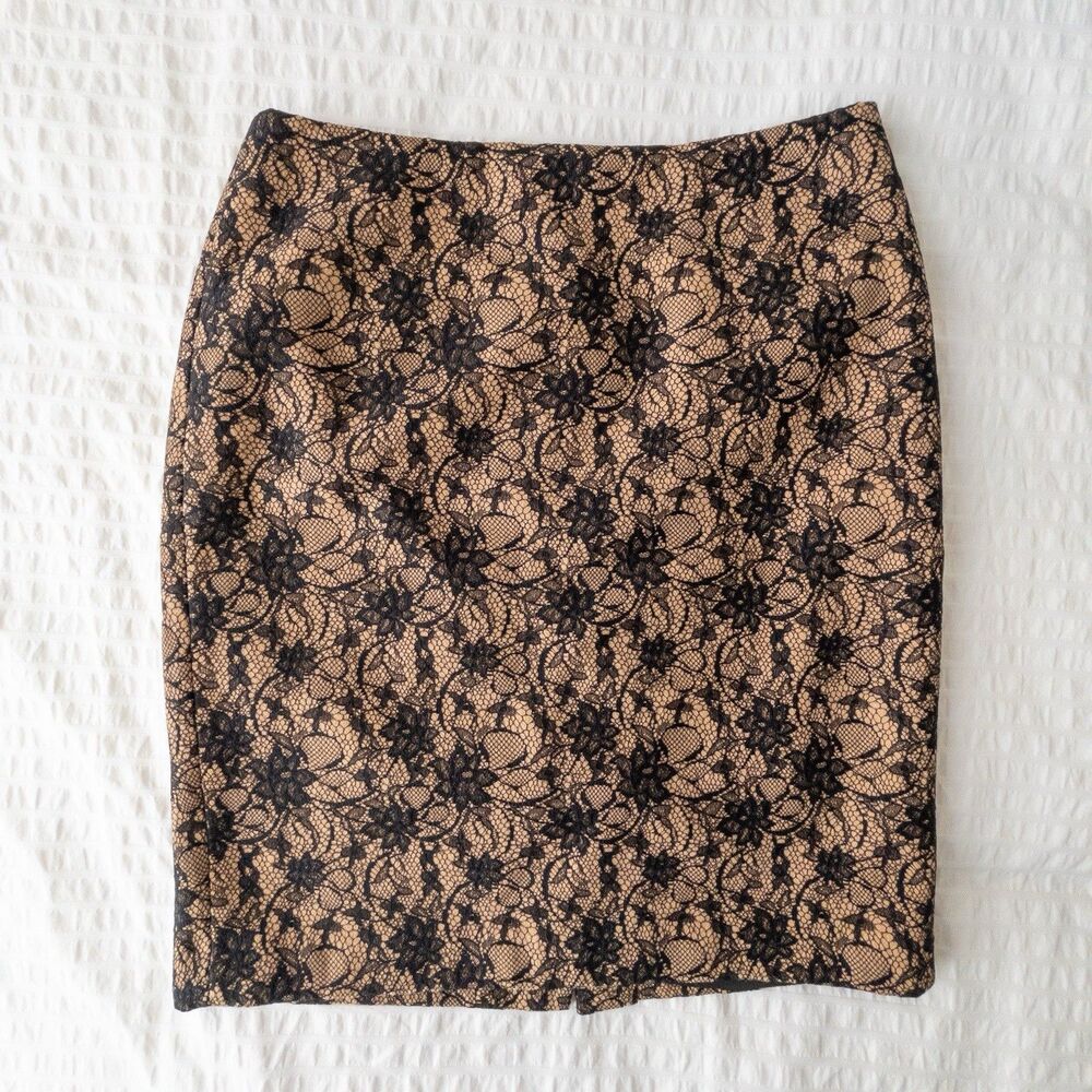 Talbots Brown Black Floral Lace Knee Length Skirt Size 10